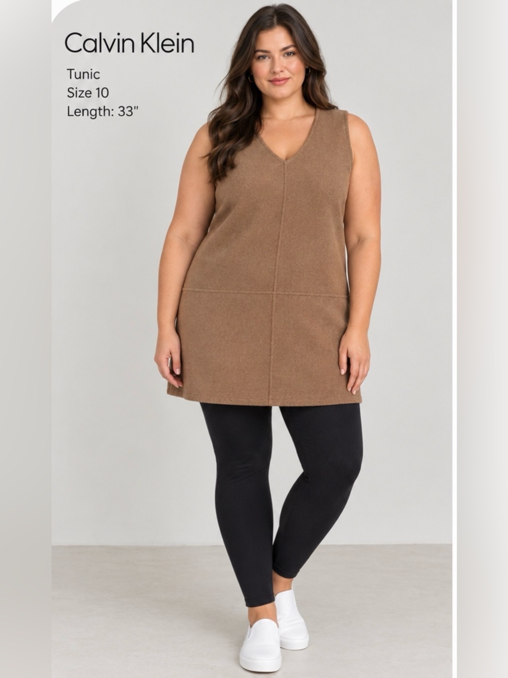 NWT Calvin Klein Wool Blend V-Neck Shift Dress Tunic Camel Tan Amphora Sz 10